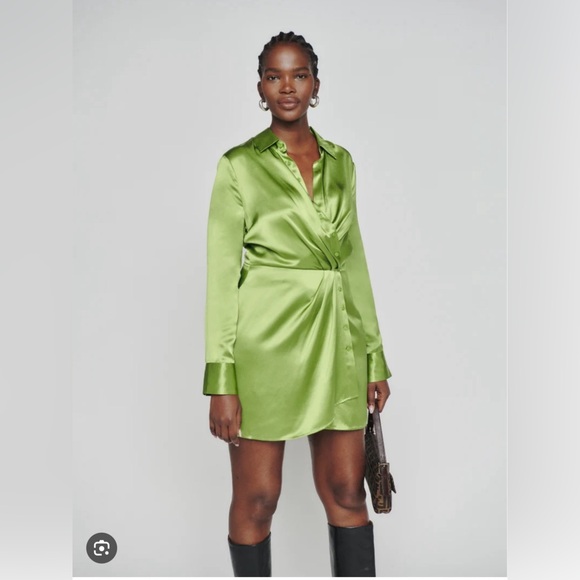 NWT Reformation Alaine Silk Long Sleeve Mini Wrap Dress in Avacado Green -Size 0 - Picture 3 of 10